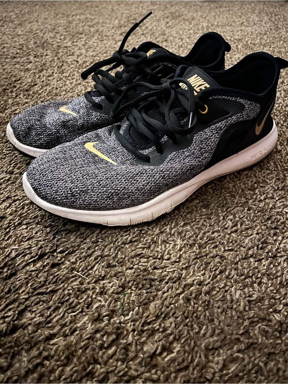 Nike Women’s Flex TR9 Black and Gray Knit Running Shoes with Gold Swoosh